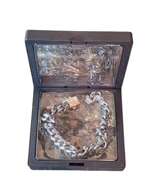 Chunky Silver Tone Cuban Link Chain Bracelet Box Clasp Gift Case